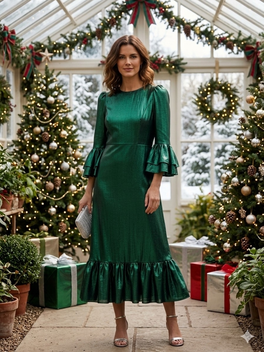 Tuckernuck Pomander Place Size Medium Emerald Green Christmas Ruffle Dress Long